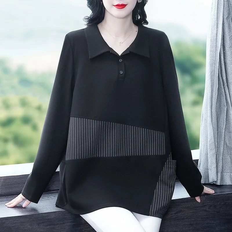 棉质大码女装长袖拼接上衣polo领宽松遮肚卫衣胖妈妈休闲百搭t恤|undefined
