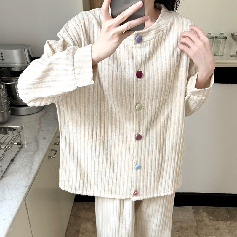 绵羊绒睡衣女款秋冬季韩版休闲开衫长袖套装简约保暖家居服可外穿|undefined