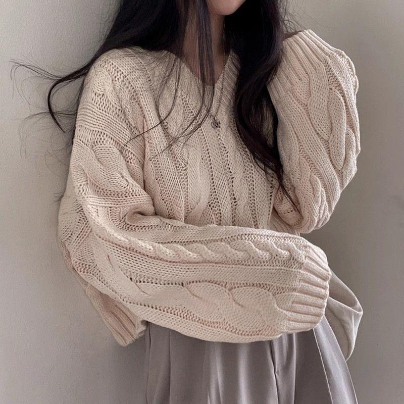 chic复古麻花V领套头长袖毛衣女秋冬新款宽松短款慵懒风针织上衣|undefined