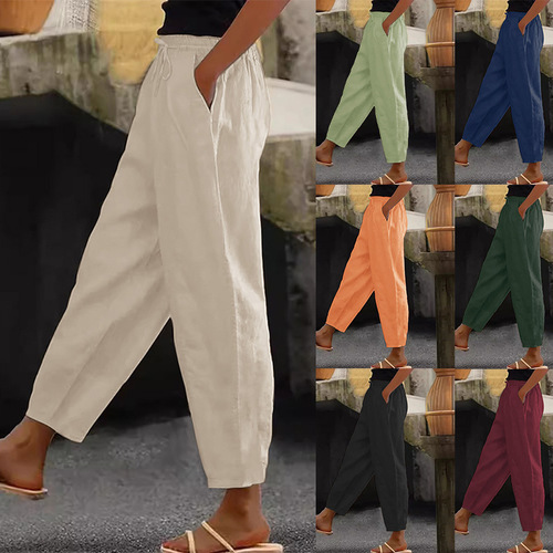European and American spring and autumn new style women's pants, cotton and linen, pure color, fashionable casual daily side pocket, elastic casual pants, women's pants