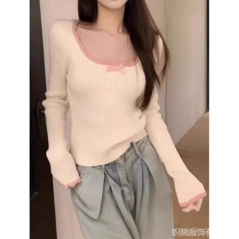 2025 New Sweet Lace Long-sleeved Knitted Sweater Women's Spring and Autumn Bow Design Sense Slim-fit Base Shirt Top