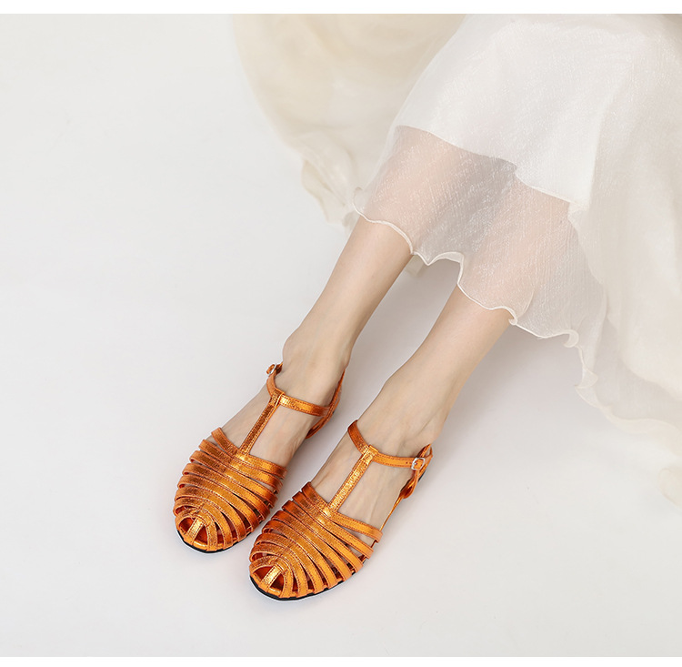 Metallic Shiny Roman Sandals For Women, Summer Fashion Closed-Toe Flat Shoes With Single Strap And Hollow Design,_desvips.com