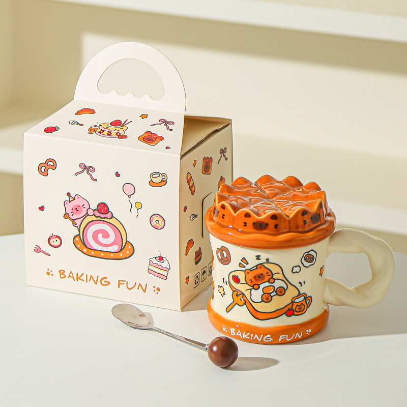 Tarta de cumpleaños pintada a mano, taza de gato, taza de cerámica de alta calidad con cubierta, taza de agua para niñas, taza de cerámica para parejas