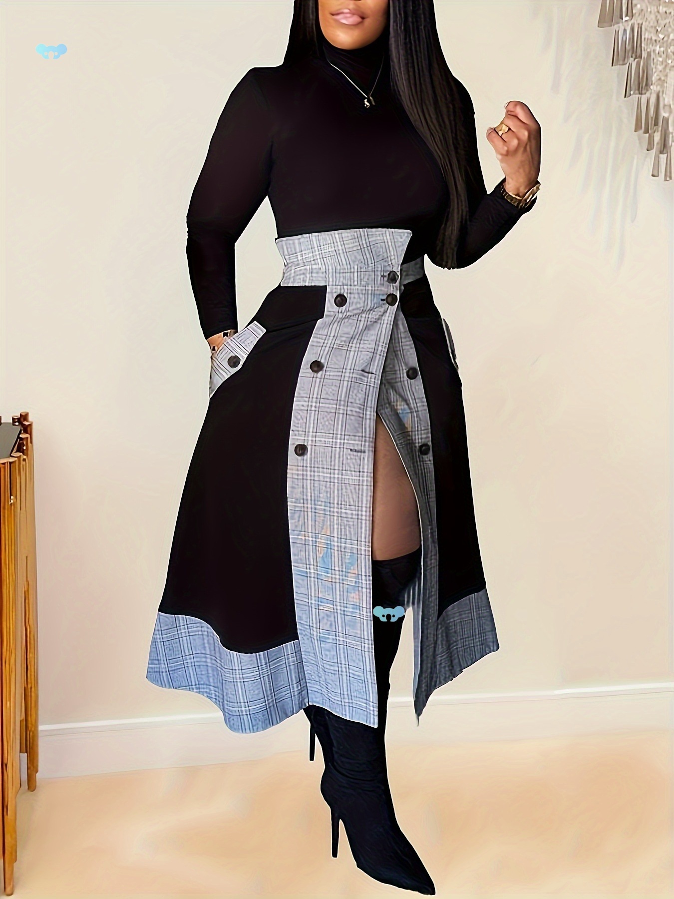 Mock Neck Tee and Plaid Combo Skirt Set Stylish Comfortable