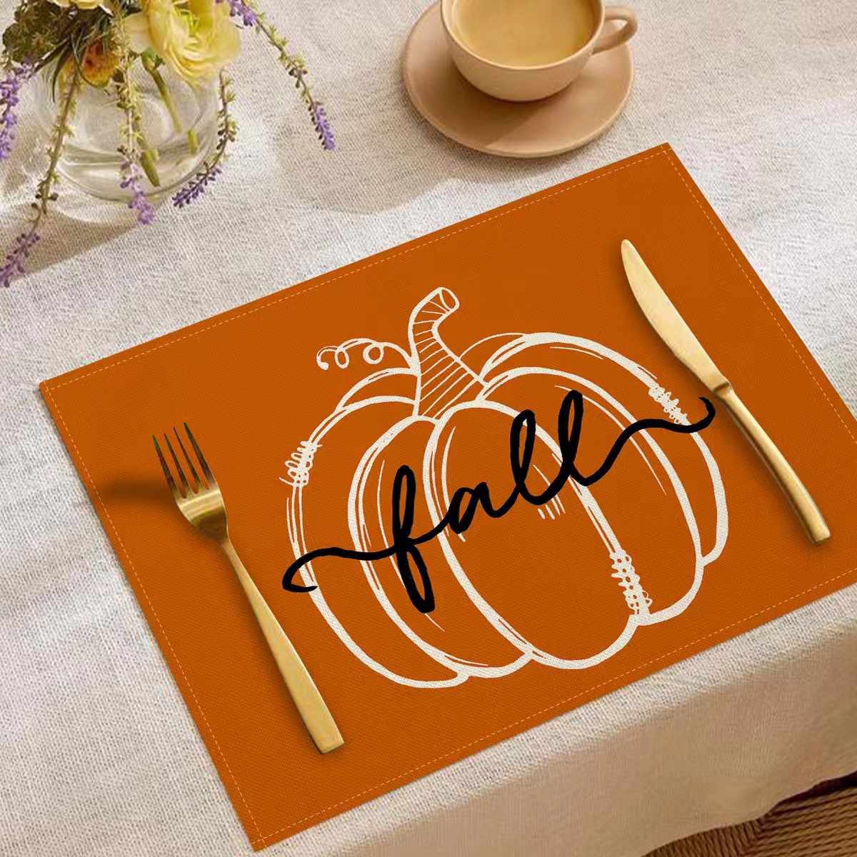 Transfronterizo temu explosión Día de Acción de Gracias otoño calabaza lino estampado conjunto lino estampado mesa de restaurante