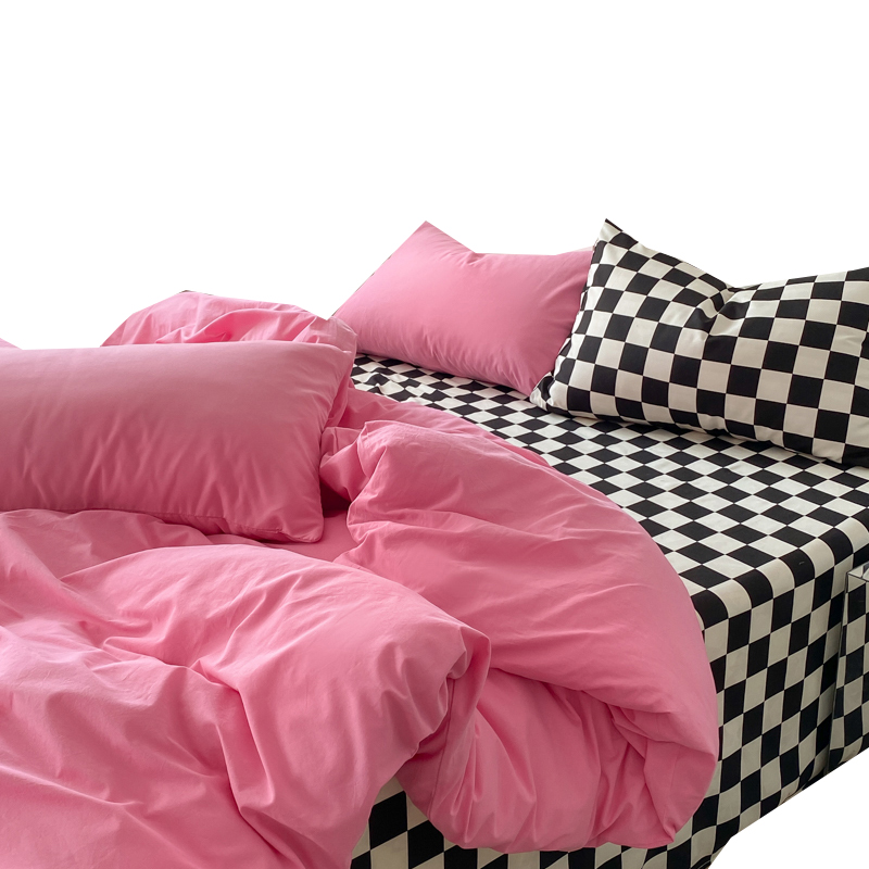 2ts韩式水洗棉床上四件套床笠宿舍床品双拼粉色被套黑白格床单三