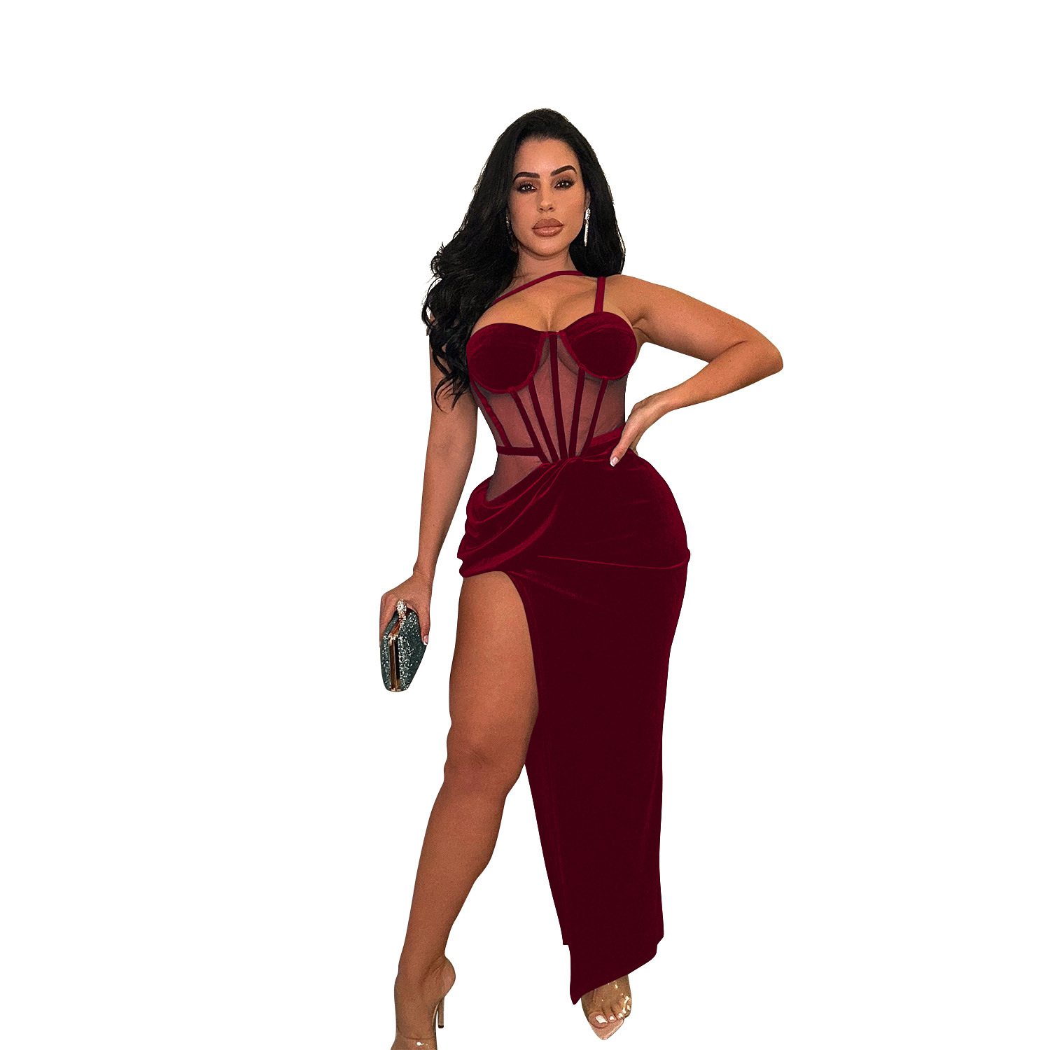 C6732 transfronteriza AliExpress Amazon Europa y América de las mujeres de moda de color sólido correa de malla vestido de la División