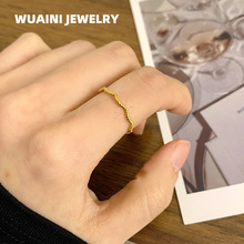 极简冷淡风弯曲波浪珠珠戒指钛钢电镀18k金简约叠戴指环女小众ins