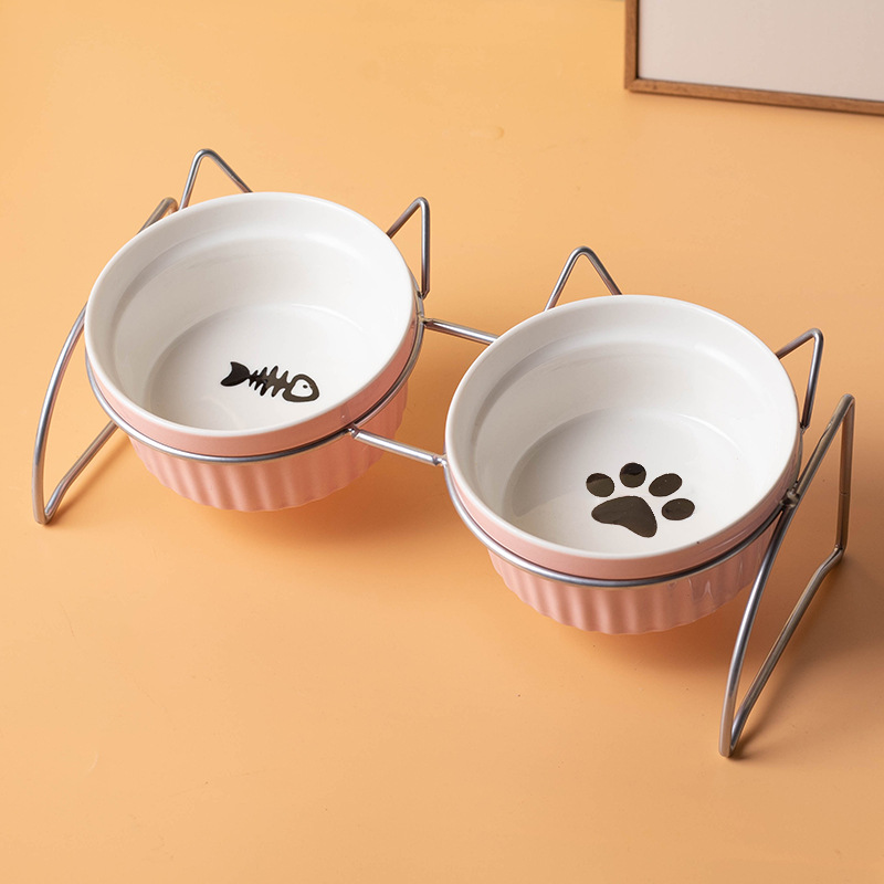 Fábrica al por mayor de cerámica gato comida tazón cuello protección diseño bebedero gato arroz tazón doble tazón antidetonante perro tazón de comida