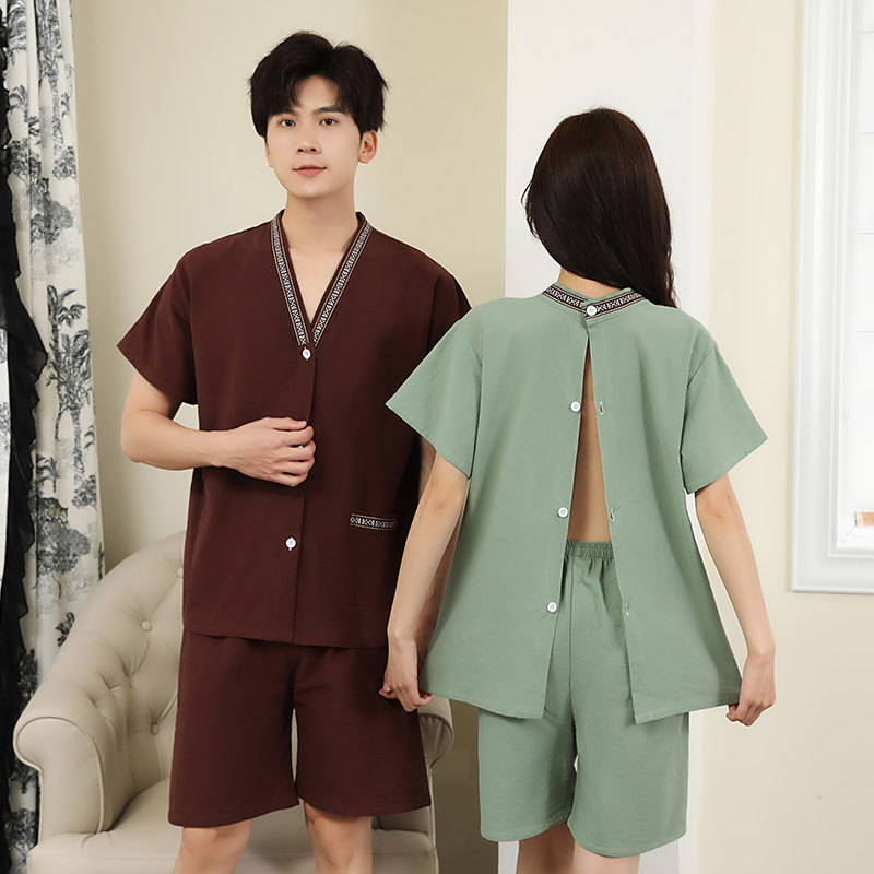 After moxibustion, open-back cotton men and women couple acupuncture therapy open-front button-up massage attire