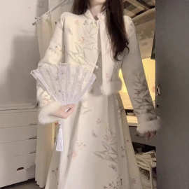 秋冬新中式国风复古改良旗袍碎花连衣裙毛边拼接短款外套时尚套装