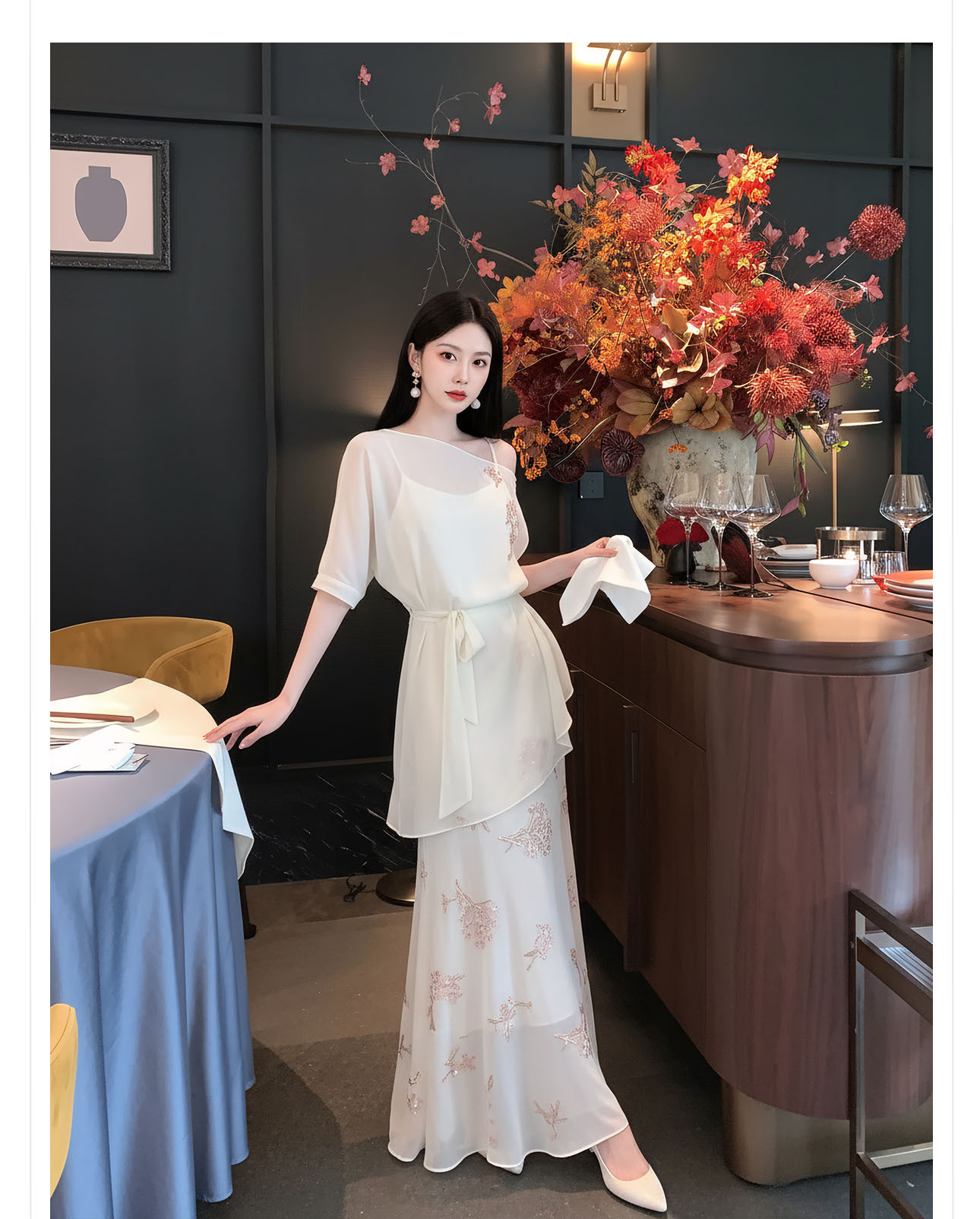 Bộ áo váy nữ tân cổ điển Trung Hoa thêu hoa nhẹ nhàng — Trang chủ, bộ đồ, nửa váy chi tiết 11