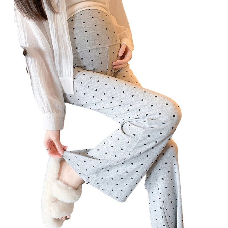 Pantalon long évasé à pois ALYCExiyuebaobao, taille haute, soutien ventre, doublé polaire, idéal pour la grossesse et l'automne_voghion.com