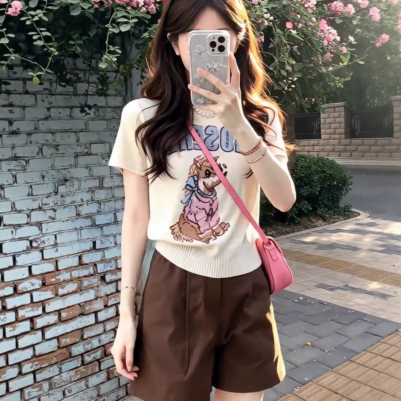 Áo thun nữ cổ tròn tay ngắn họa tiết thêu jacquard phong cách cổ điển — màu trắng chi tiết 1