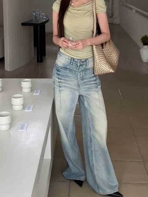 红人馆直筒牛仔裤女秋季2025新款今年流行浅蓝色显瘦高腰阔腿裤子|undefined
