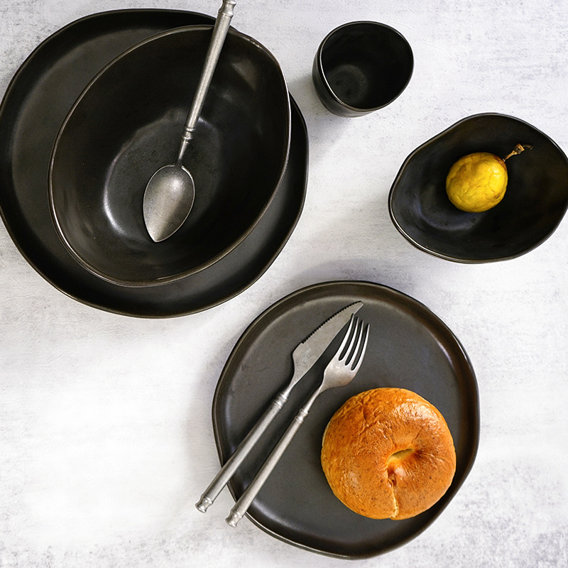 Japanese-Style Ceramic Tableware Set, Bowls and Plates, Irregular High-End Steak Plates, Salad Rice Bowls, Porcelain Metal Glaze