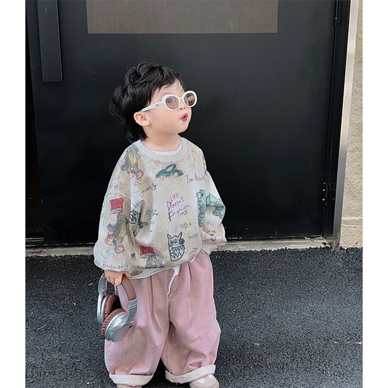 男童套装2025春秋新款高级恐龙扎染涂鸦套头卫衣杏色工装裤两件套|undefined