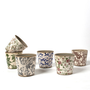 Chinese style classical retro distressed ceramic vase flowerpot green plant pot pottery flower pot blue and white pot classical home soft outfit