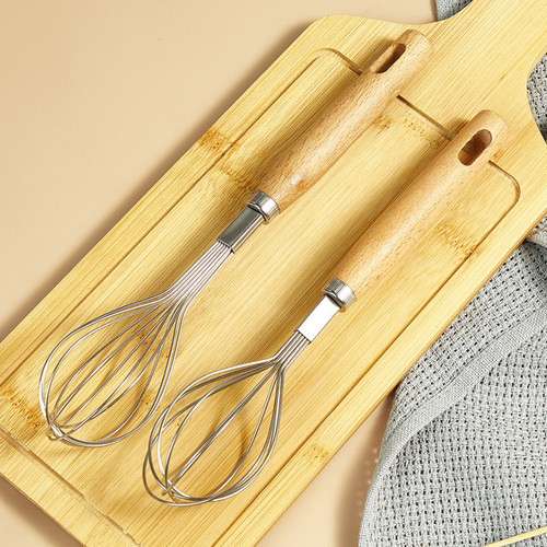 Beech handle hand mixer wholesale household cream baking whipper with engraved LOGO stainless steel egg beater