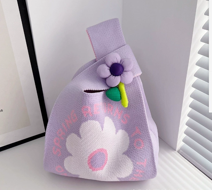 knitted Shoulder Bag, Handheld Linen Tote, Floral applique, 20×35 cm