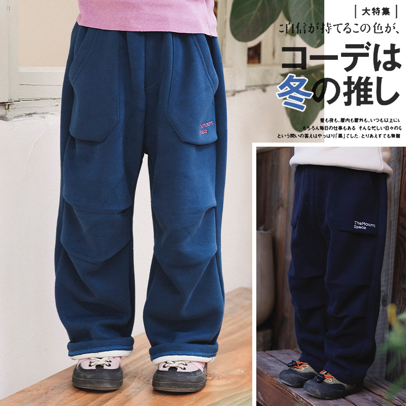 Girls' fleece-lined pants, 2025 winter new style, versatile children's loose straight leg long pants, windproof and soft sweatpants.