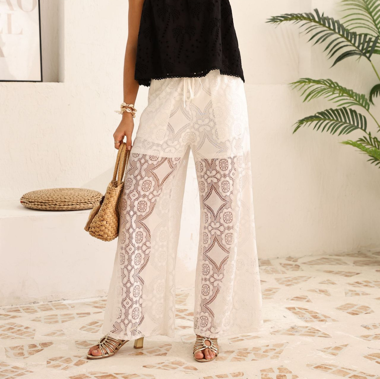 Amazon comercio exterior transfronterizo ropa de mujer pantalones de encaje de verano para mujeres europeas y americanas pantalones rectos transpirables