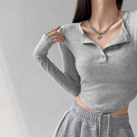 长袖t恤女秋季显瘦纯欲风半开领纯色打底衫修身显瘦辣妹短款上衣