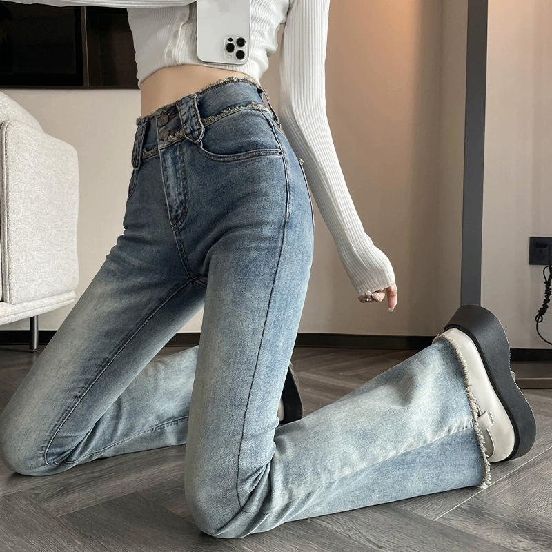 Узкие джинсы в стиле ретро с высокой талией, женские горячие девушки, нишевый дизайн с потертым краем, универсальные драпировочные узкие брюки для похудения, женские