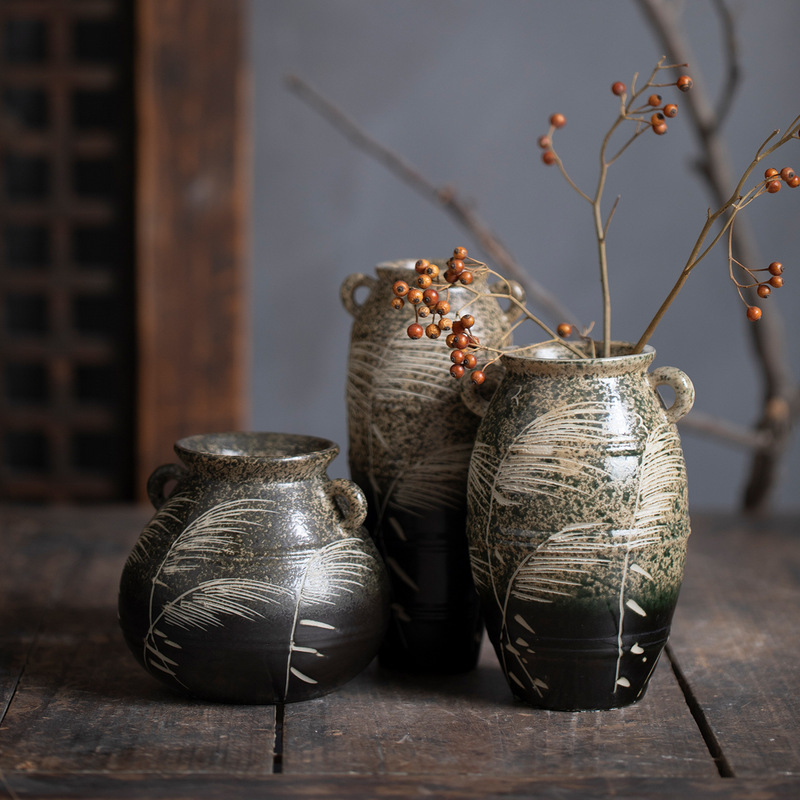 Mottled Kiln-fired Double-Handled Coarse Pottery Vase, Original Hand-painted Reed Design, Rustic Flower Arrangement Container, New Chinese Zen-style Tea Room Decoration