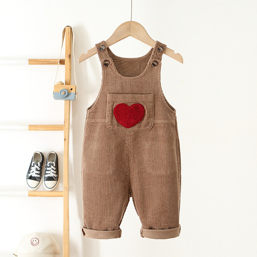 Children's clothing 2024 new children's overalls Korean style corduroy overalls for boys and girls love embroidered jumpsuits