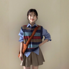 美式复古撞色条纹针织马甲女春秋学院风圆领修身坎肩外搭毛衣背心