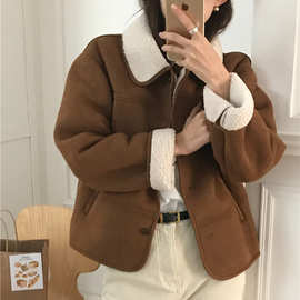 复古翻领鹿皮绒羊羔毛长袖外套女2022秋冬美式咖棕色宽松保暖棉服