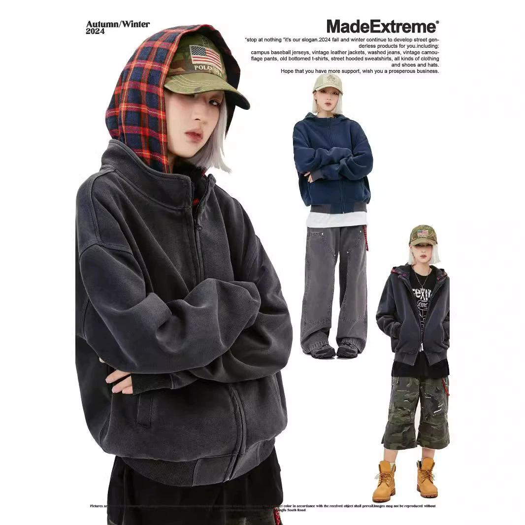 MADEEXTREME 420g тяжелая стирка для старого осеннего и зимнего американского сетки прилив толстовка с капюшоном на молнии свитер мужчина