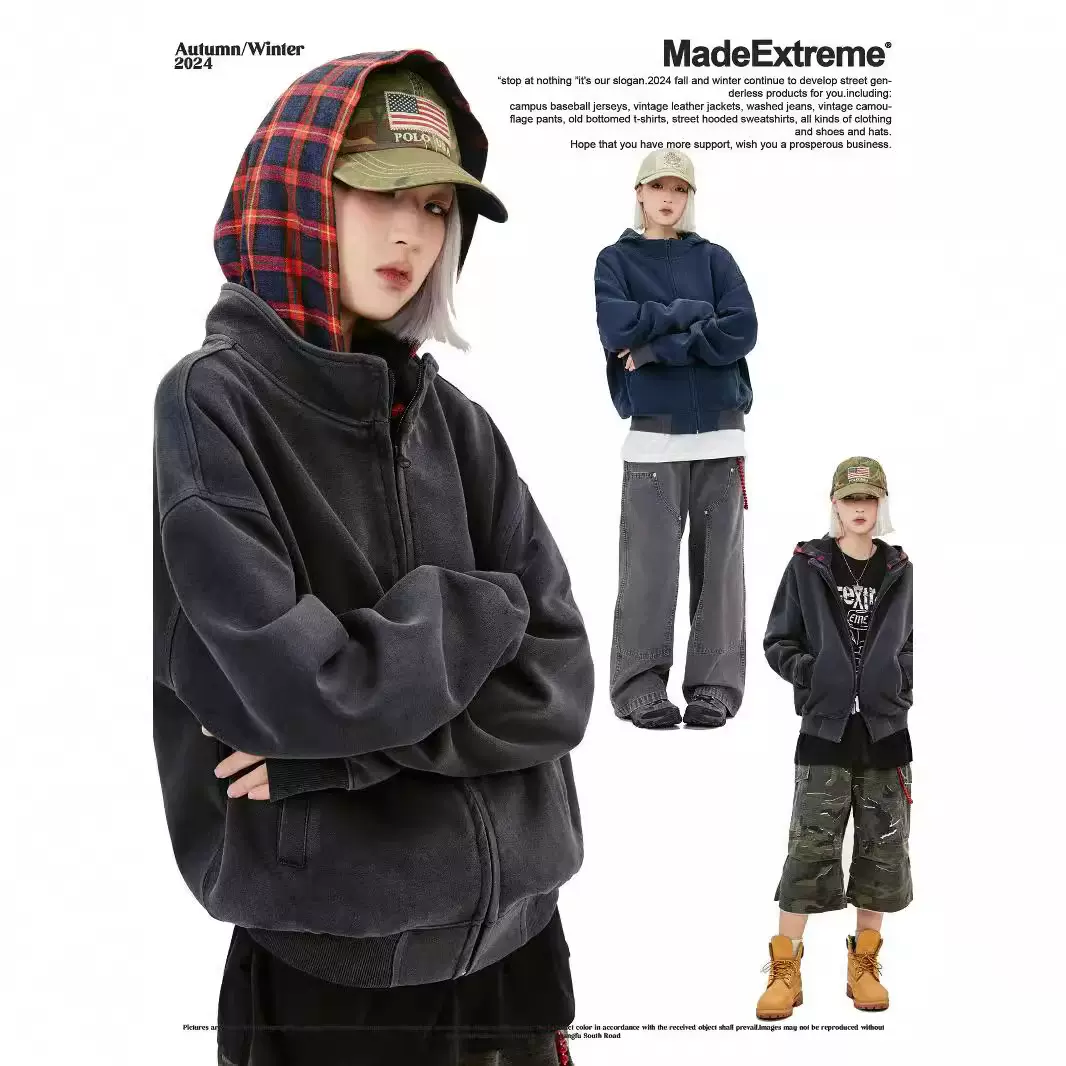MADEEXTREME 420g重磅水洗做旧秋冬美式格子潮牌连帽衫拉链卫衣男