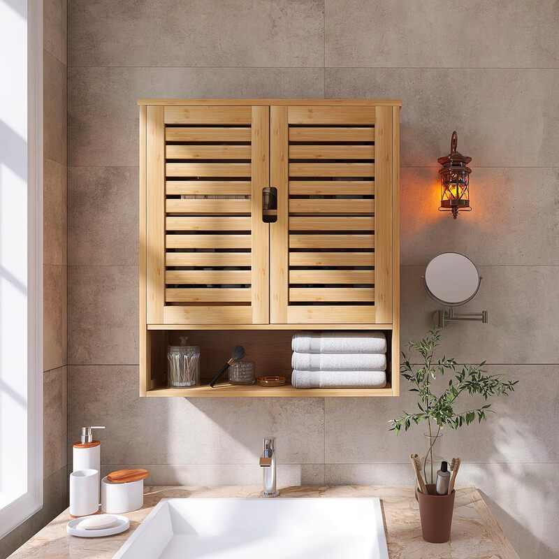 Foreign Trade Wholesale Custom Bamboo Double-Open Door Bathroom Cabinet Wall Cabinet Toilet Storage Cabinet Adjustable Shelf