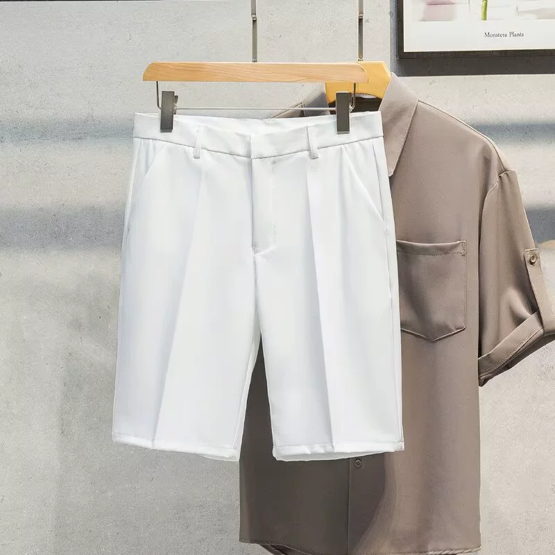 Новые летние тонкие белые прямые брюки с 5 точками, модные мужские летние повседневные шорты из ледяного шелка с пятью точками