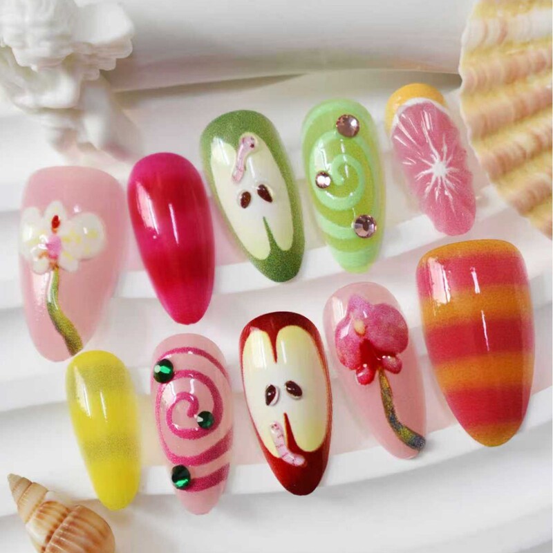Cross-Border Popular Fruit-Themed Wearable Nails, Apple and Lemon Creative 3D Nail Stickers, Summer Girly Style Fake Nails