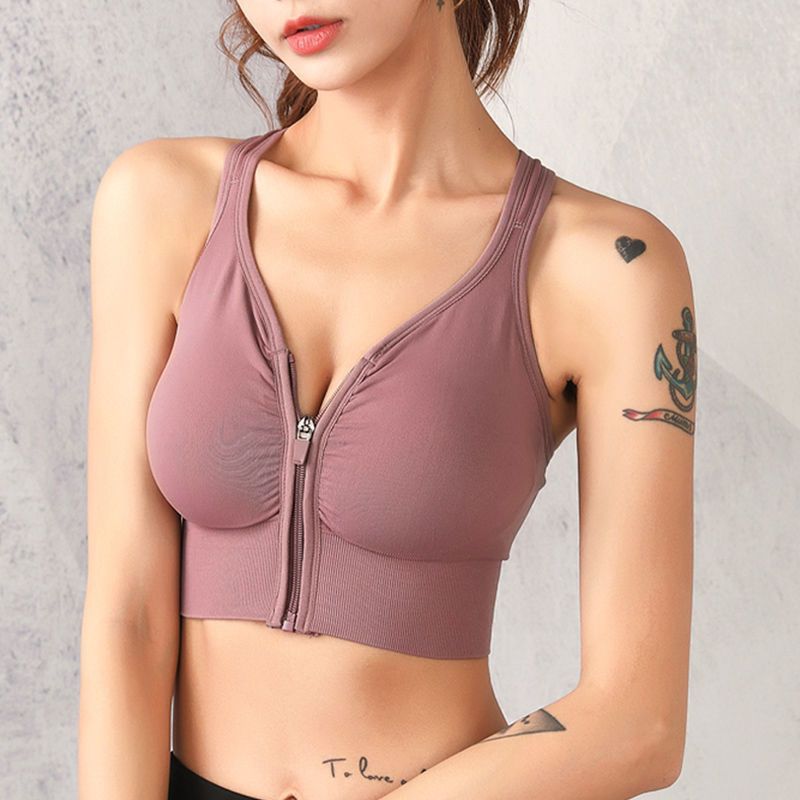 ropa interior deportiva femenina antichoque frontal cremallera sin anillo de acero para correr yoga belleza espalda bra comercio fábrica al por mayor