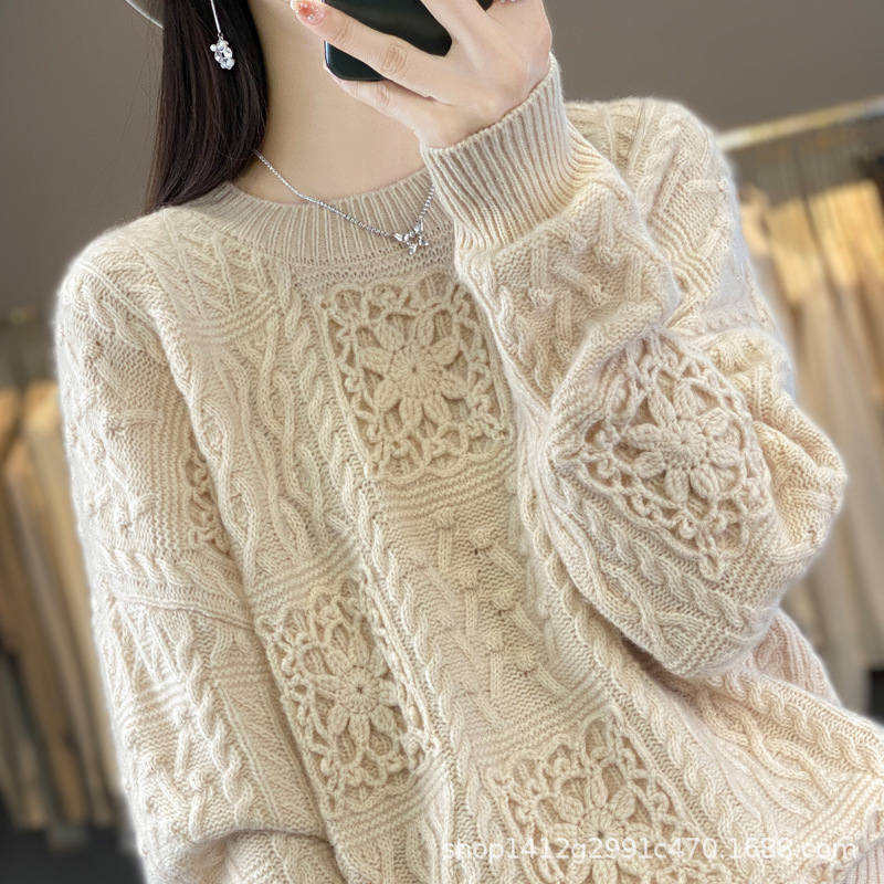 Autumn and Winter new pullover hollow pure wool sweater sweater women's loose heavy work lazy style top handmade crocheted