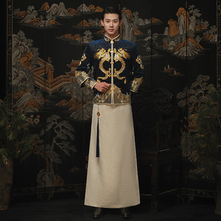 Xiuhe Clothing 2025 New Model Groom Outfit Wedding Summer Slim Fit Men's Chinese Style Suit Dragon and Phoenix Robe Blue Xiuhe