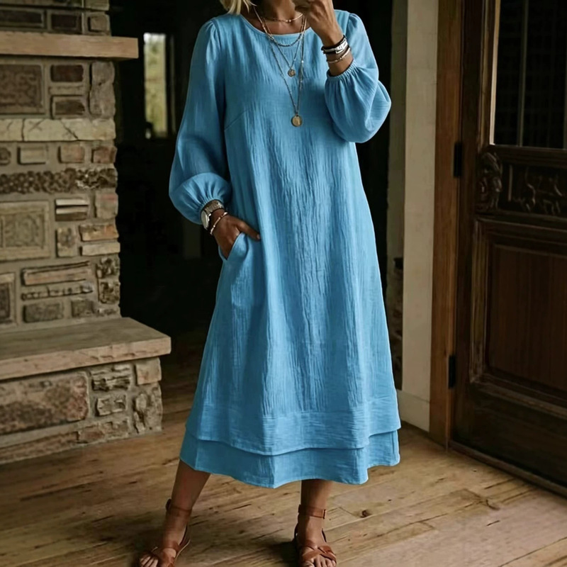 2026 Autumn New Solid Color Long Sleeve Dress for Women, Loose Fit, Slimming, Mid-Length A-Line Skirt, Casual and Elegant Dress