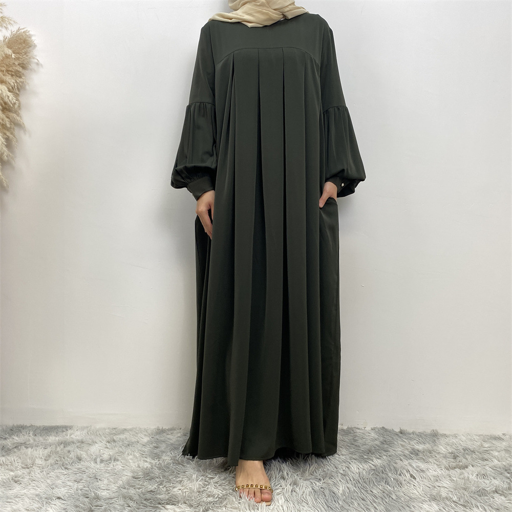 Loose Fitting Sleeved Maxi Dress Stylish Side Pockets Pleated Robe Style Design Women's Clothing_ecoleips.com