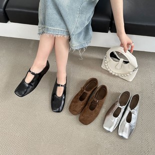Shallow mouth baotou 2025 spring and autumn new silver soft ballet shoes flat shoes non-slip square toe Mary Jane shoes tide