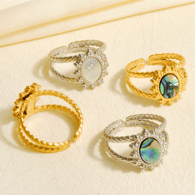 304 Stainless Steel Ring Palace Style European and American Sun Round Natural Shell Ring Women's 18K Gold-Plated Ring in Stock