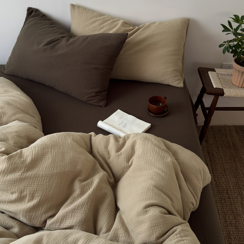Cotton Crinkled Bedding Set Four Piece Solid Colour Bed Linen_voghion.com
