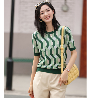 4234#麻花纹！出口品质~外茂柜单复古小众大簰艺术缎面短袖T恤女