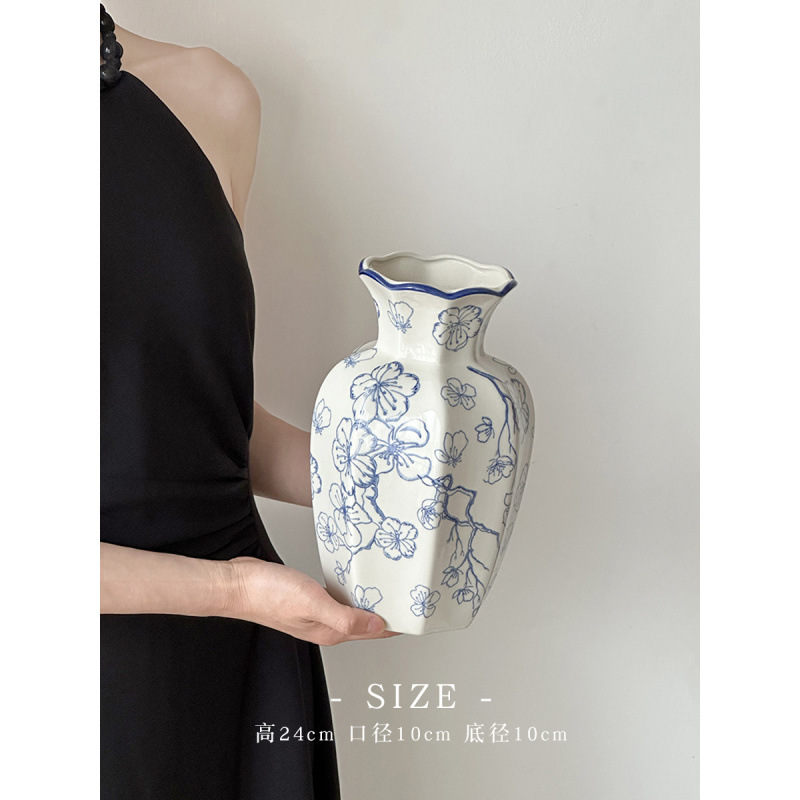 Nuevo jarrón de cerámica azul china nueva decoración de estilo chino sala de estar floral decoración de vestíbulo de estilo antiguo peonía floral