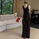 Black Floral V-neck Sling dress Women's Summer New High-end Elegant Tight Waist Slimming Elegant Long Skirt
