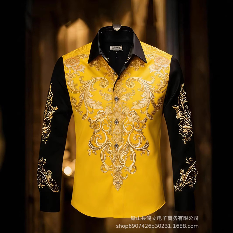 3D Printed Long-Sleeved Men's Shirt, Baroque Gold Pattern Slim Fit Formal Shirt 3D Printed Long-Sleeved Men's Shirt, Baroque Gold Pattern Slim Fit Formal Shirt