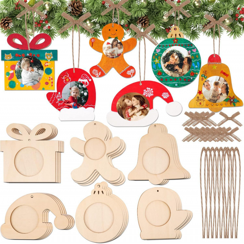 Amazon Hot Selling Wooden Christmas Decorations Unfinished Blank Wooden DIY Photo Frame Home Christmas Tree Pendant